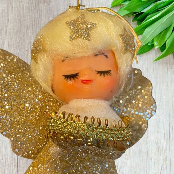 MCM Vintage Spun Cotton And Cardboard Angel  Gold - Picture 1 of 6